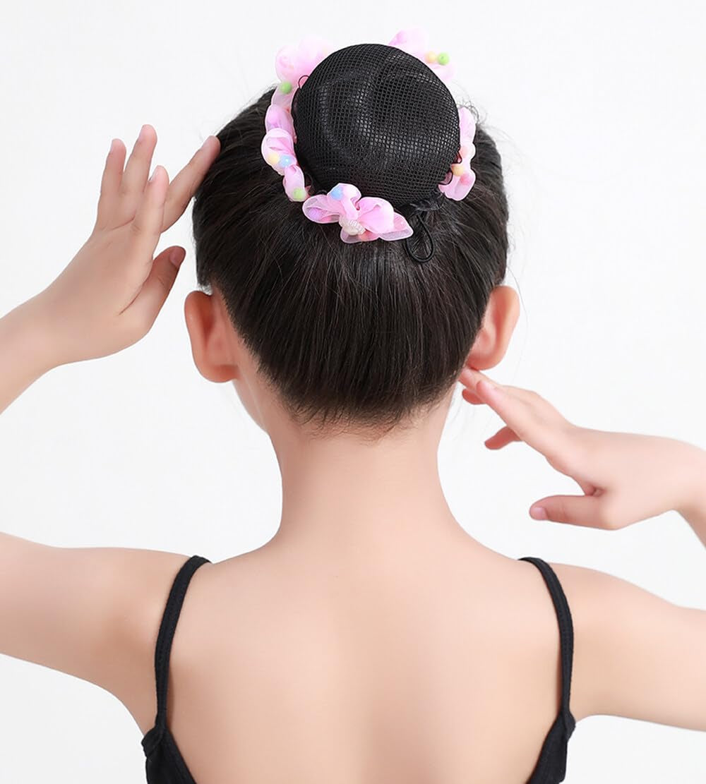 4PCS Girls Ballet Bun Covers Flower with Pearl Shaped Dance Snood Hair Net Accessories Mesh String Bobbles Elastic Band for Dancers Skating