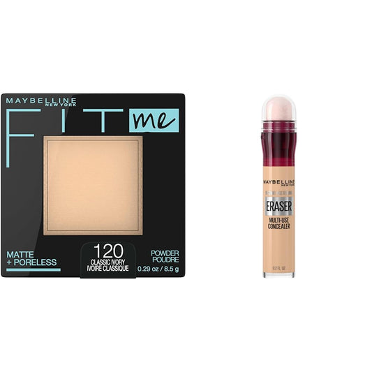 Fit Me Matte + Poreless Pressed Face Powder Makeup & Setting Powder, Classic Ivory, 1 Count & Instant Age Rewind Eraser Dark Circles Treatment Multi-Use Concealer, 120, 1 Count