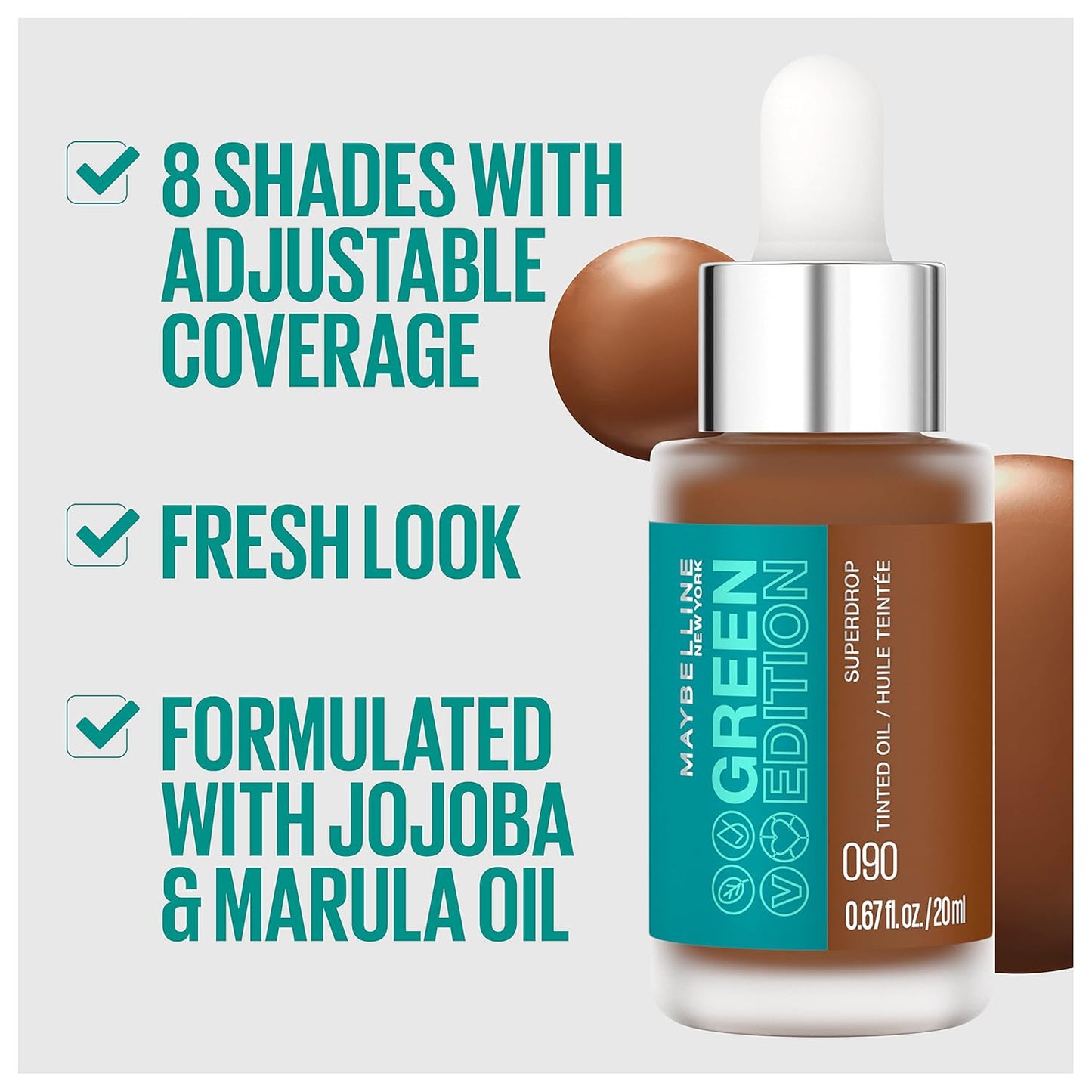 Green Edition Superdrop Tinted Oil Base Makeup, Adjustable Natural Coverage Foundation Formulated with Jojoba & Marula Oil, 30, 1 Count