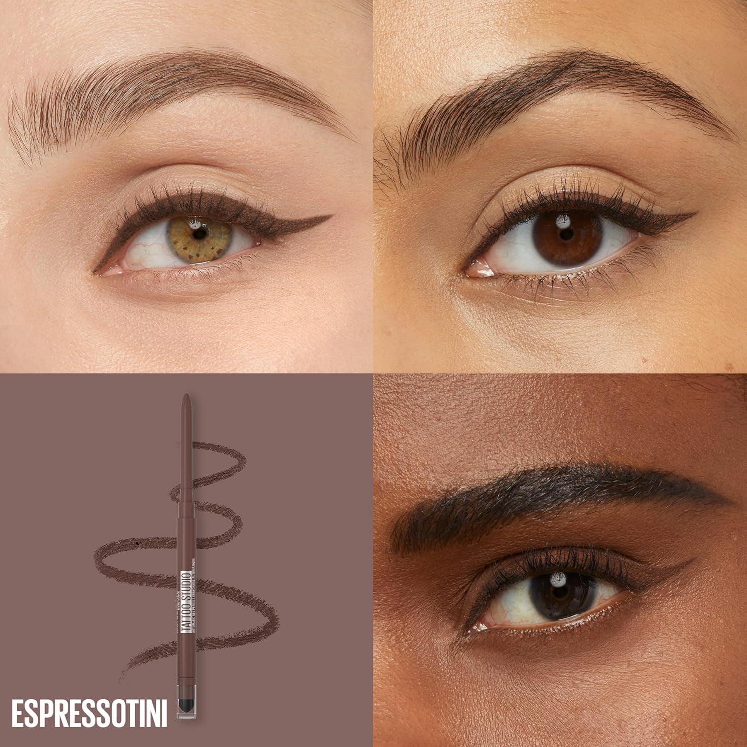 Tattoo Studio Automatic Gel Pencil Waterproof Eyeliner, Blendable, Smudge Resistant, Matte Eyeliner for up to 36HR Wear, Expressotini (Smokey Brown), Packaging May Vary