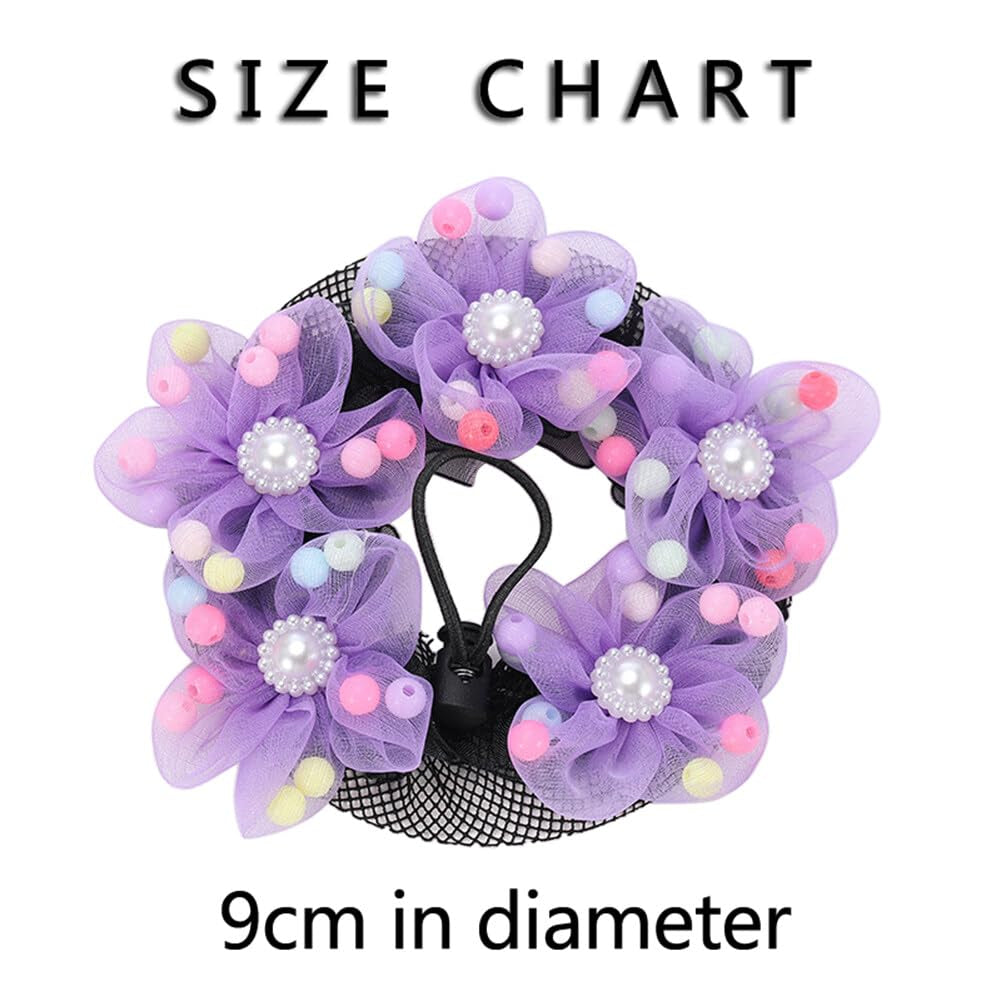 4PCS Girls Ballet Bun Covers Flower with Pearl Shaped Dance Snood Hair Net Accessories Mesh String Bobbles Elastic Band for Dancers Skating