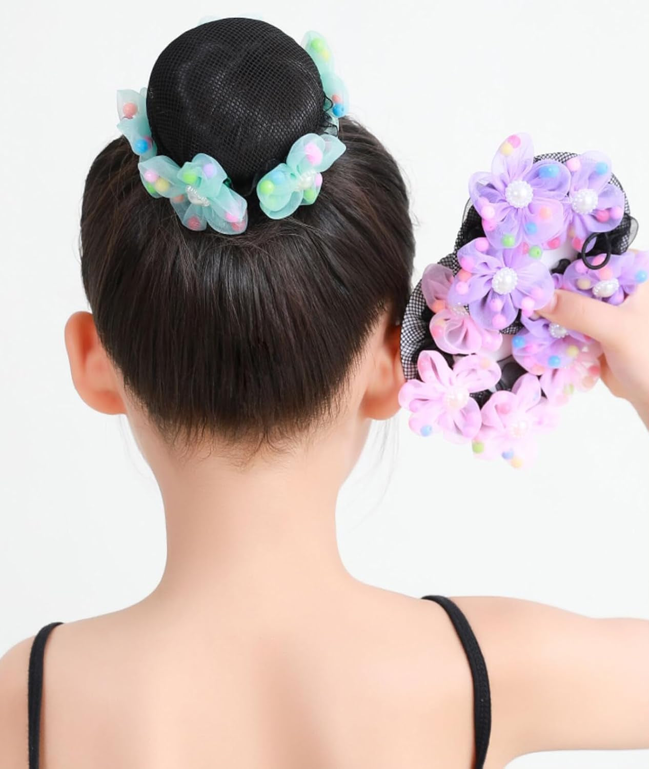 4PCS Girls Ballet Bun Covers Flower with Pearl Shaped Dance Snood Hair Net Accessories Mesh String Bobbles Elastic Band for Dancers Skating