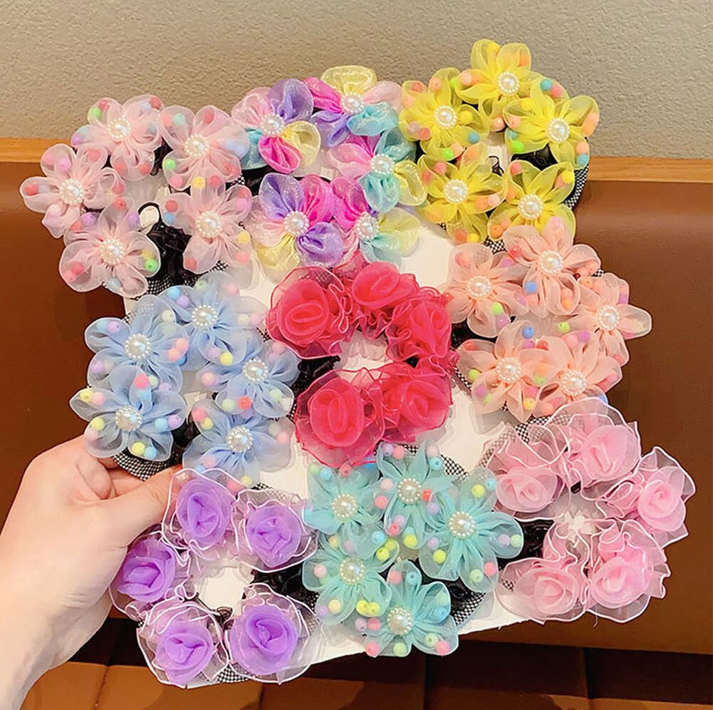 4PCS Girls Ballet Bun Covers Flower with Pearl Shaped Dance Snood Hair Net Accessories Mesh String Bobbles Elastic Band for Dancers Skating