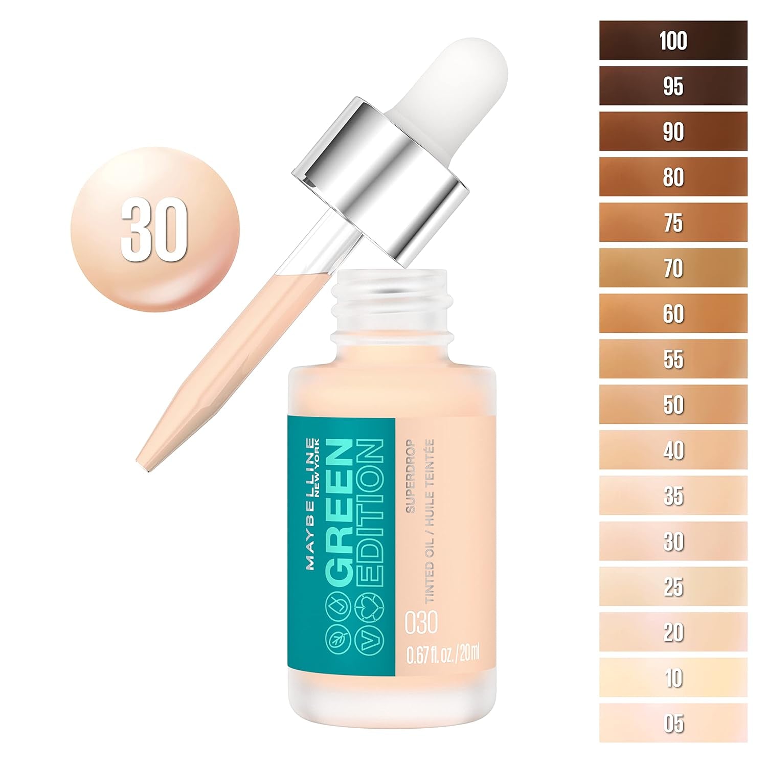 Green Edition Superdrop Tinted Oil Base Makeup, Adjustable Natural Coverage Foundation Formulated with Jojoba & Marula Oil, 30, 1 Count