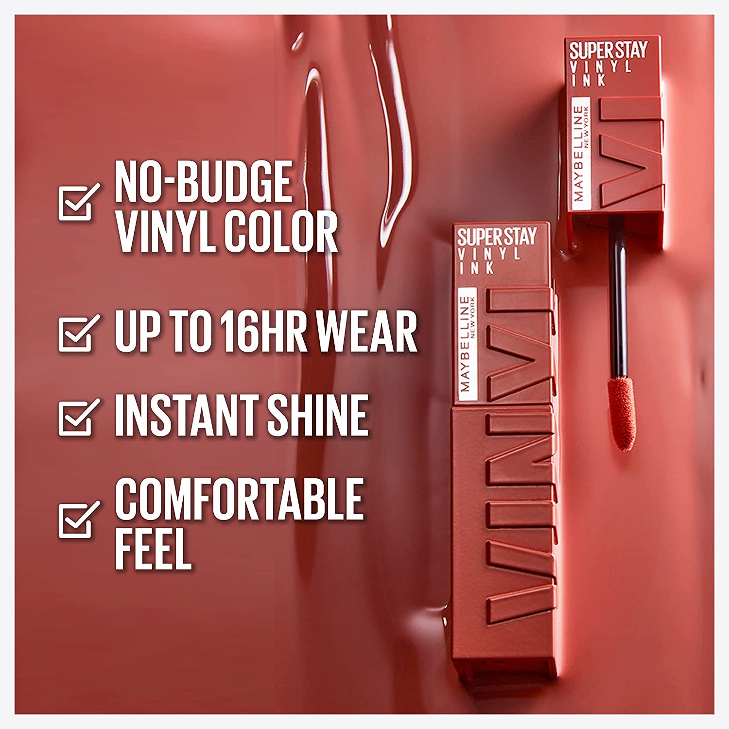 Super Stay Vinyl Ink Longwear No-Budge Liquid Lipcolor Makeup, Highly Pigmented Color and Instant Shine, Charged, Brown Lipstick, 0.14 Fl Oz, 1 Count