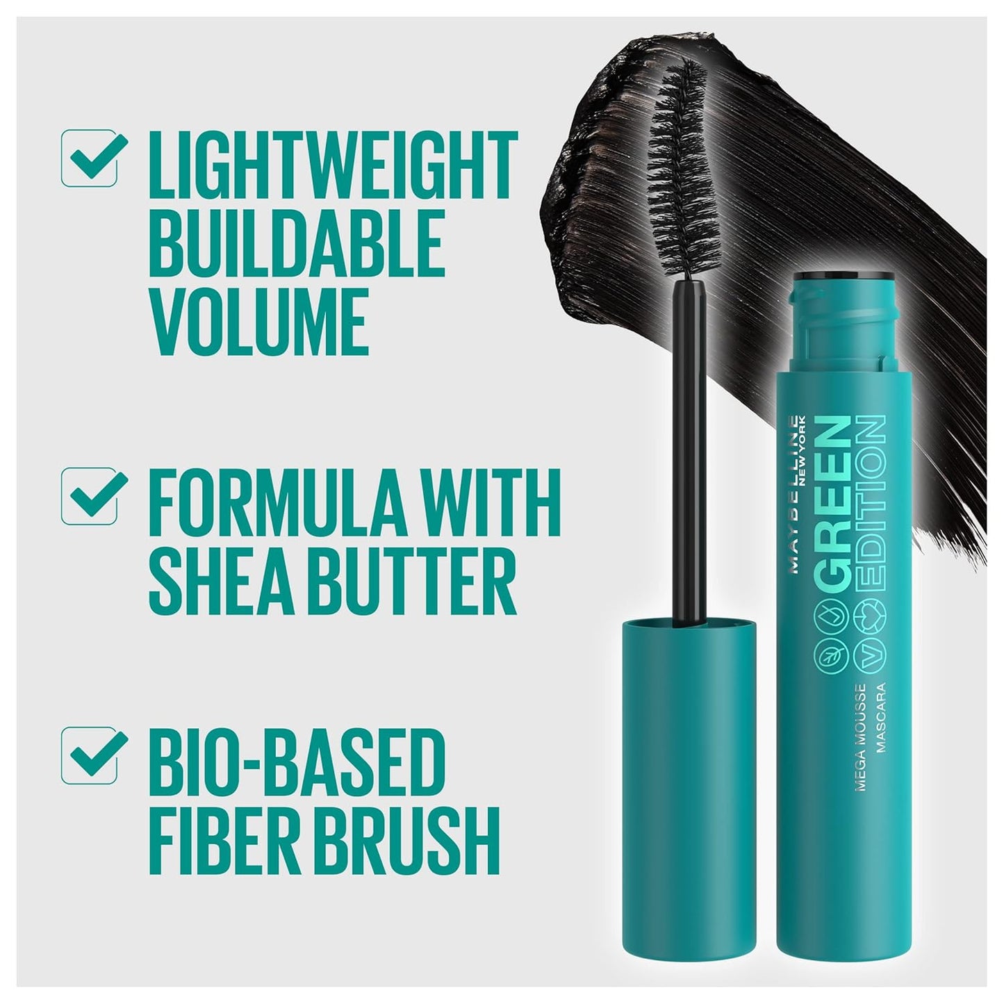 Green Edition Mega Mousse Mascara Makeup, Smooth Buildable and Lightweight Volume, Formulated with Shea Butter, Very Black, 1 Count