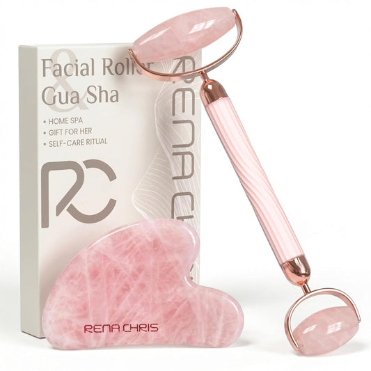 Rose quartz gua sha and face roller set in a gift box, a beauty gift under $20