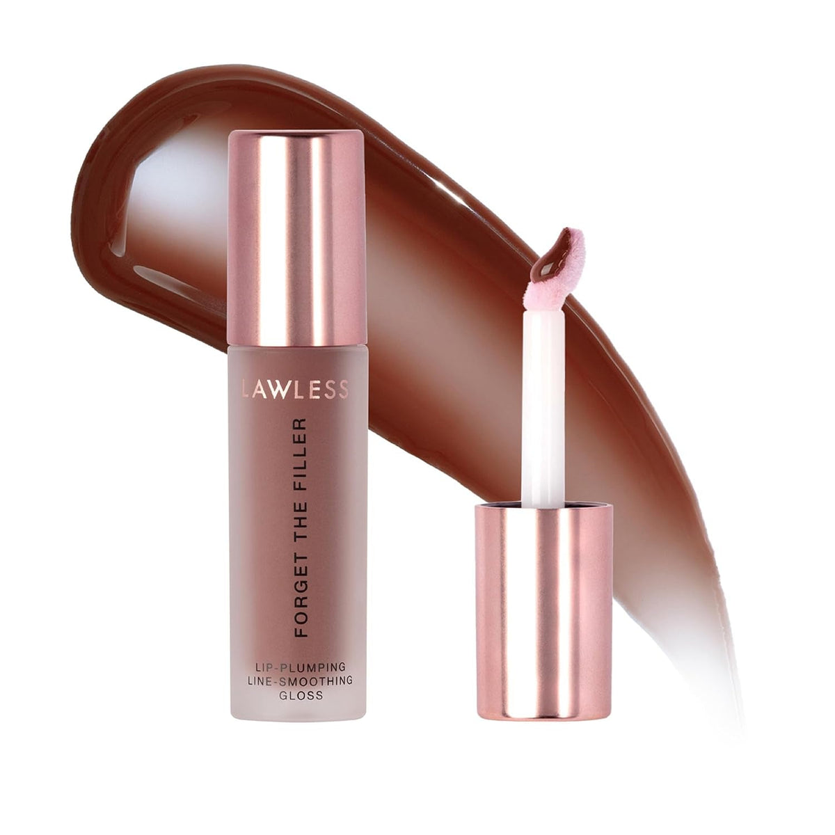 Lawless Forget the Filler lip plumper gloss tube with a brown gloss swatch