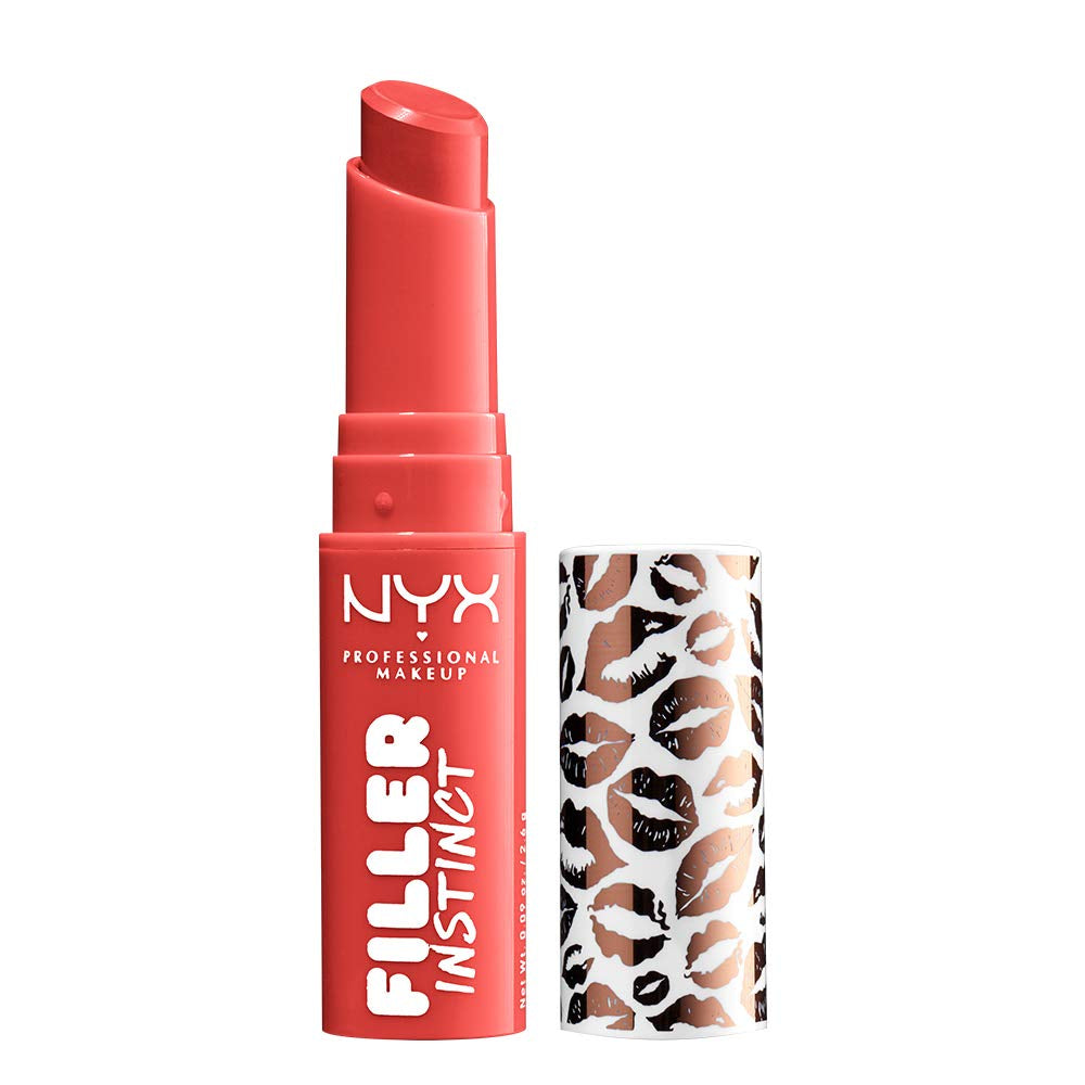 NYX Filler Instinct plumping lip color in coral red with leopard-print cap