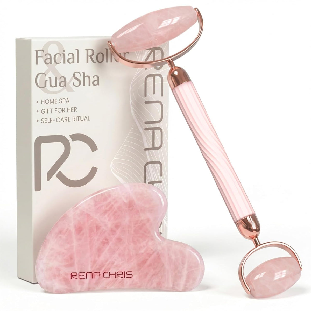 Rose quartz gua sha and face roller set with gift box