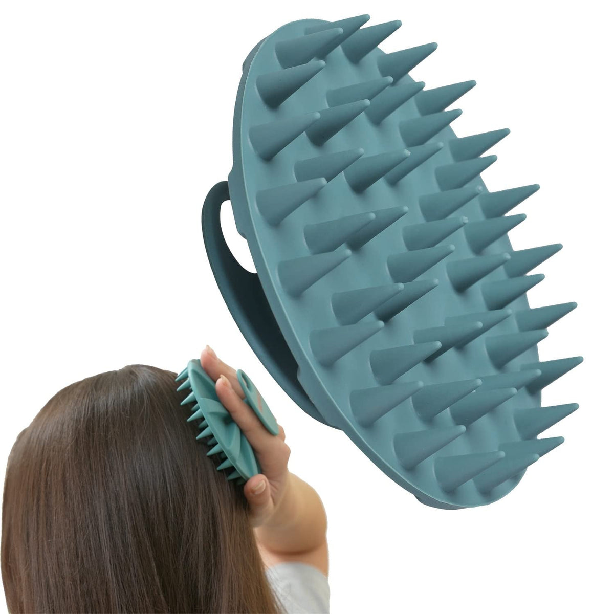 Teal silicone scalp massager shampoo brush in use on hair