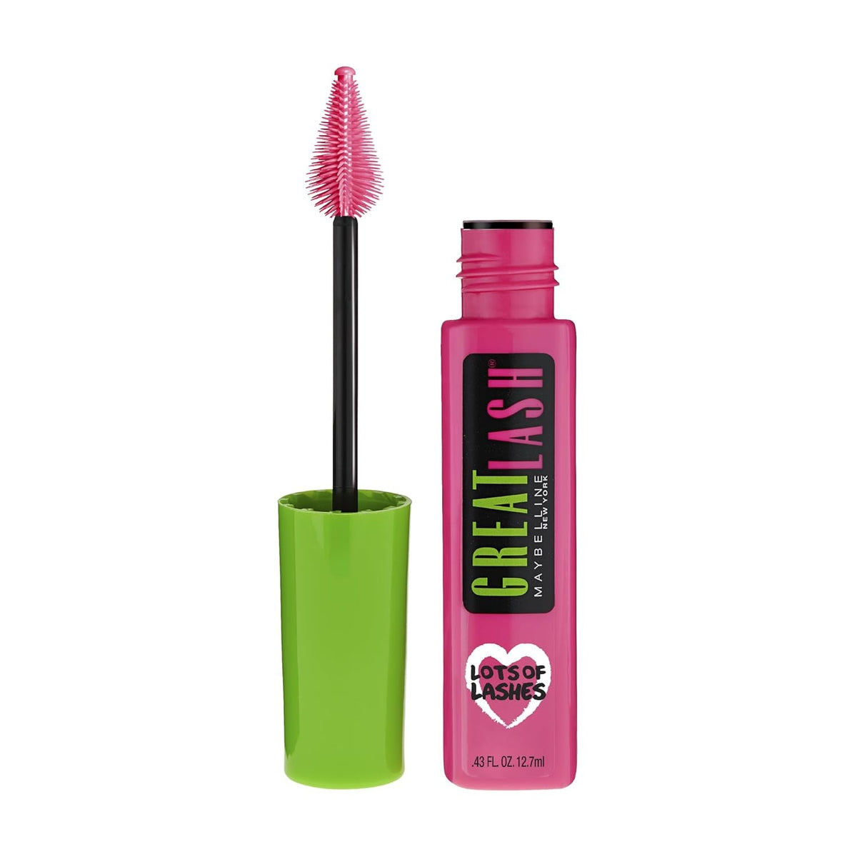 Maybelline Great Lash Lots of Lashes mascara in pink and green tube with wand
