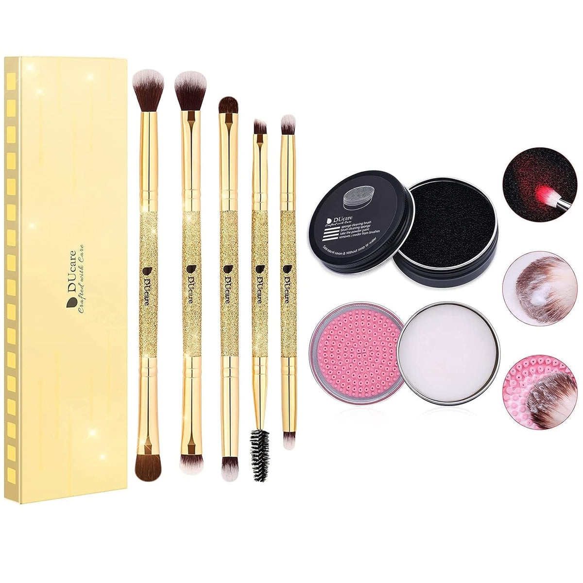 DUcare eyeshadow brush set with a sponge brush cleaner tin