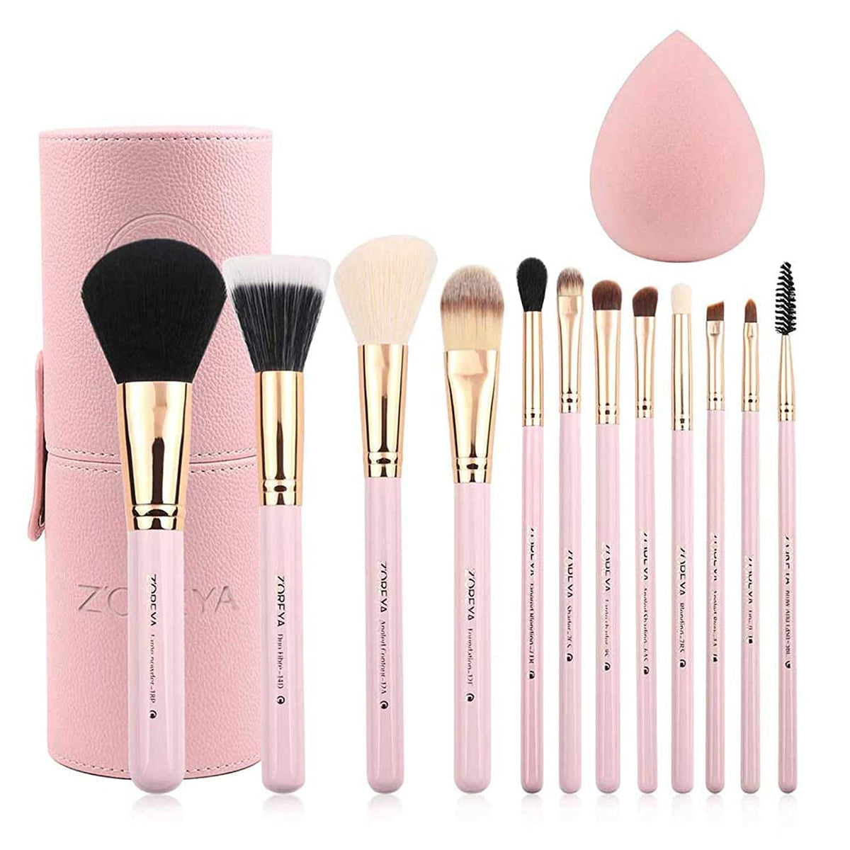Z'OREYA pink makeup brush set in a pink holder with a blending sponge