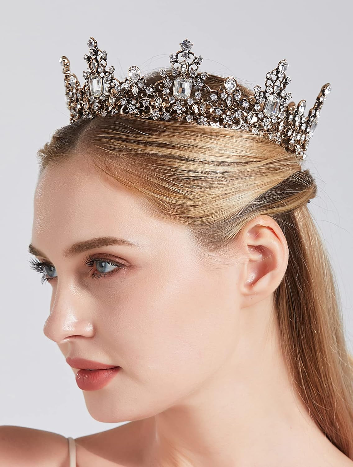 Jeweled Baroque Queen Crown for Women, Rhinestone Tiaras and Crowns Bronze Crystal Princess Birthday Tiara Headband Prom Hair Accessories