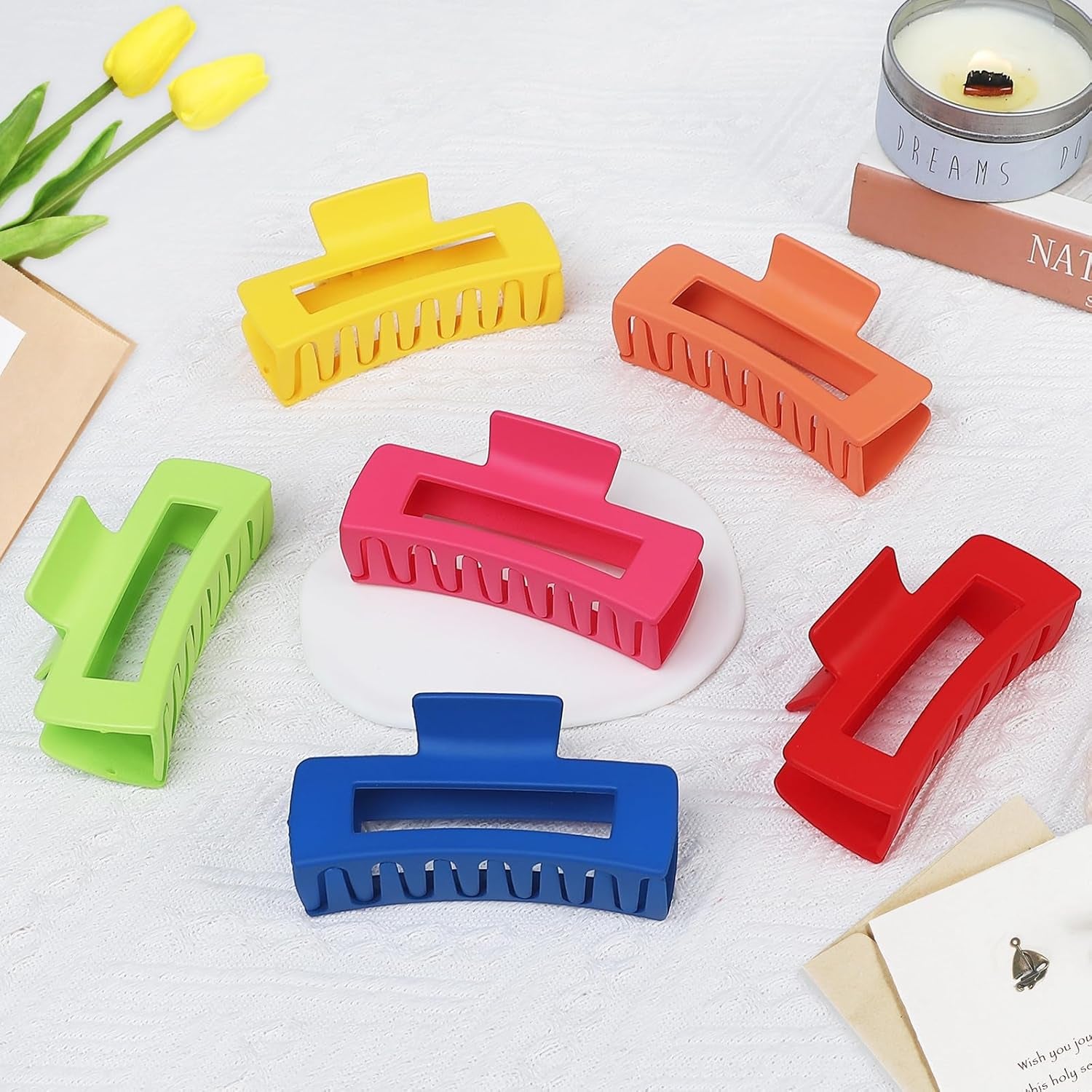 4 Inch Big Hair Claw Clips 6 Pcs Large Claw for Thick Hair Square Hair Clips for Women Rectangle Hair Clips Nonslip Acrylic Banana Jaw Clips Hair Accessories for Girls (Dopamine)