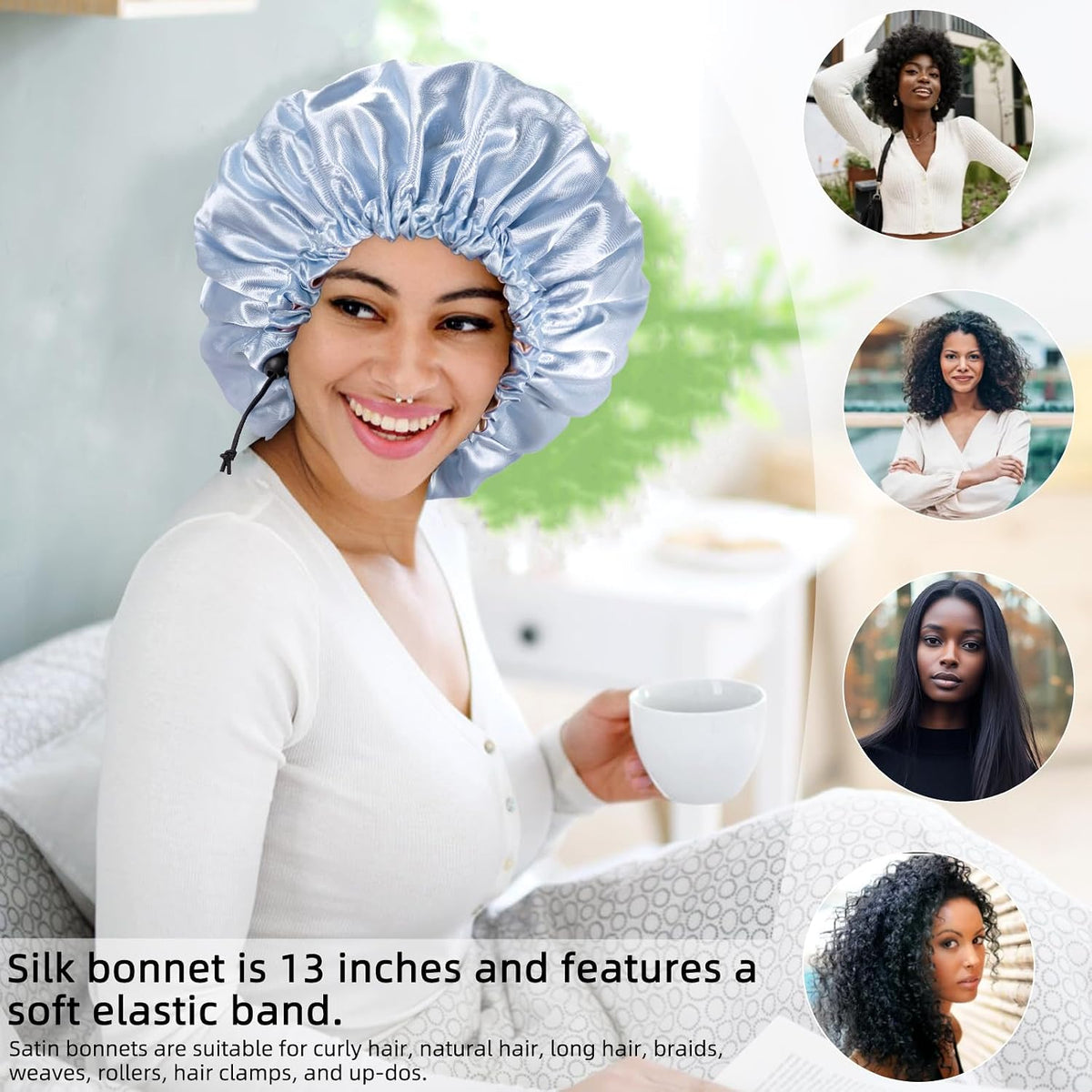 Satin Bonnet for Sleeping Women, Double Layer Adjustable Sleep Cap