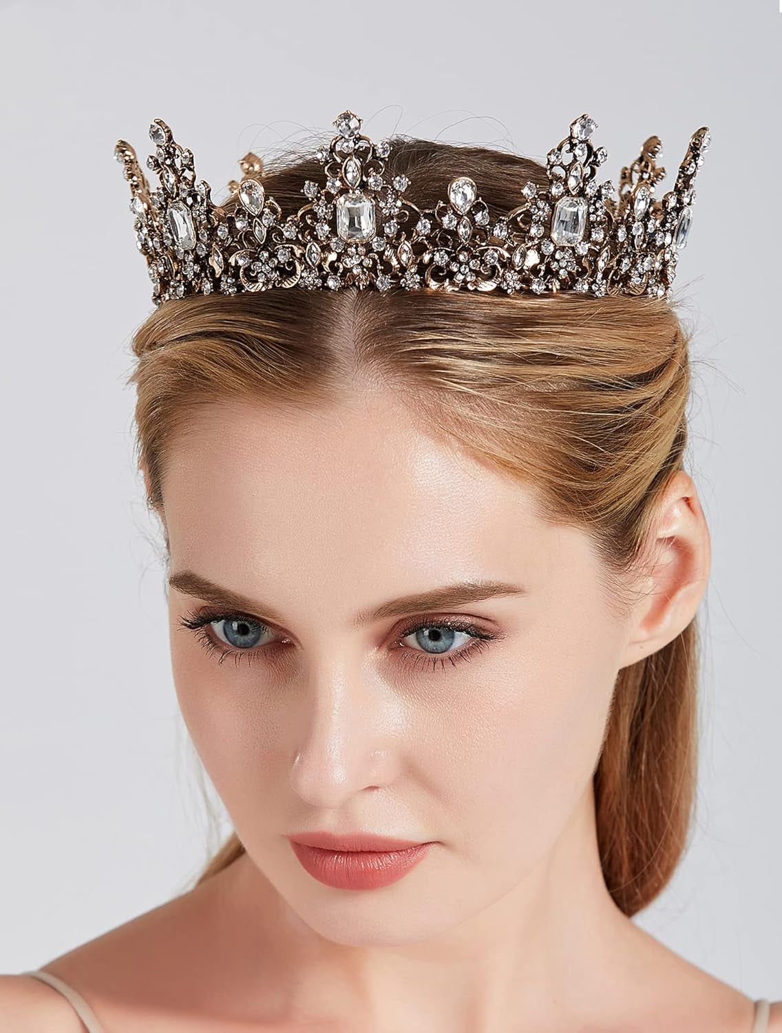 Jeweled Baroque Queen Crown for Women, Rhinestone Tiaras and Crowns Bronze Crystal Princess Birthday Tiara Headband Prom Hair Accessories