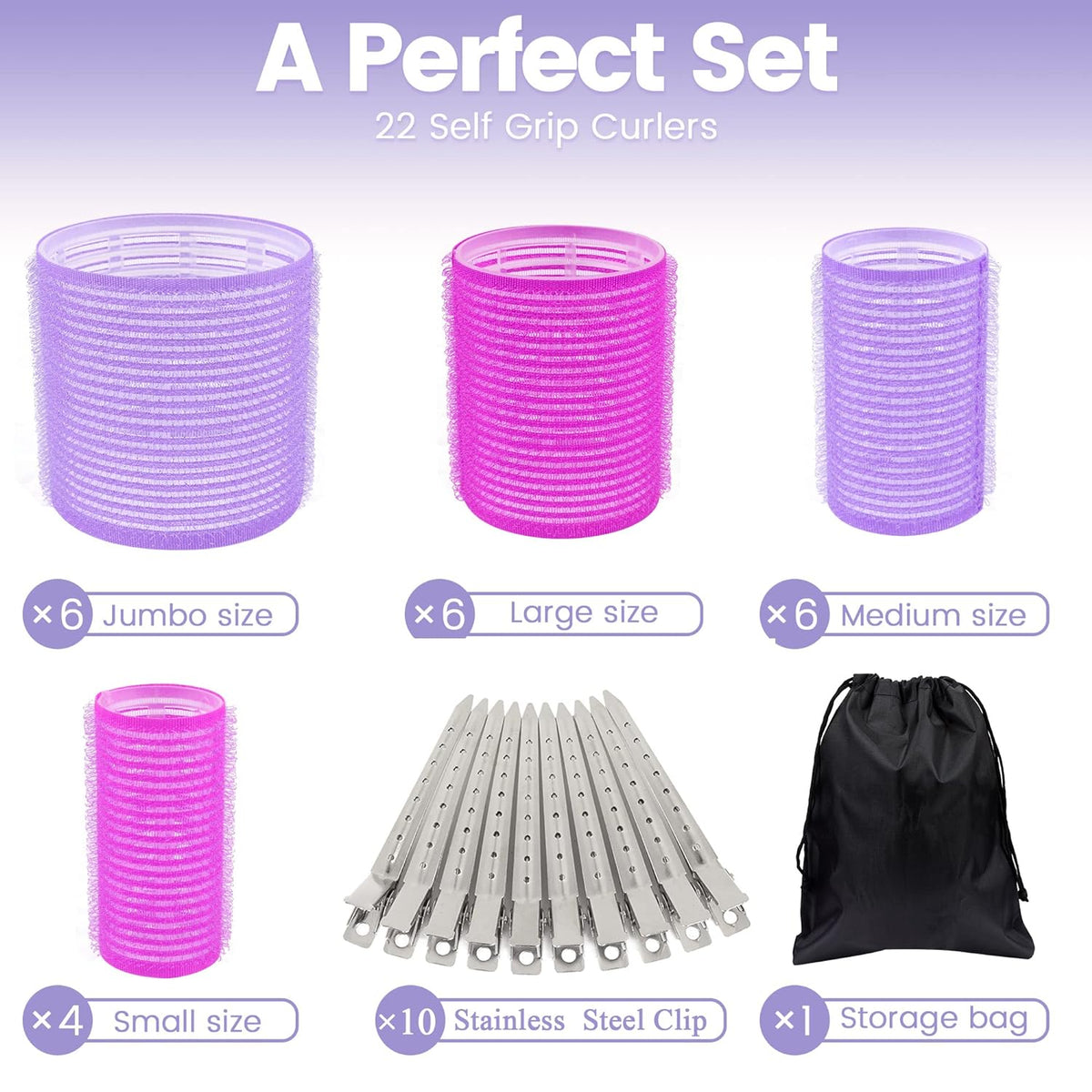 33 Piece Hair Rollers Set, Self Grip Hair Rollers for Long Medium Short Hair,  Large Medium Hair Curler （22 Rollers + 10 Stainless Steel Clip +1 Storage Bag）