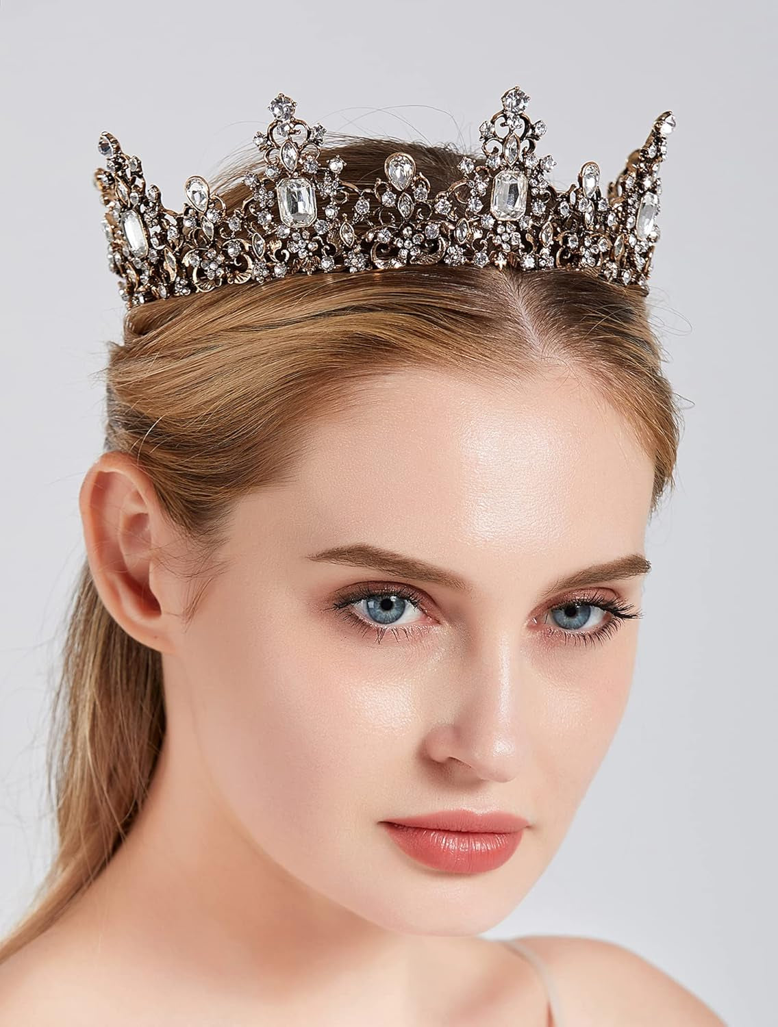 Jeweled Baroque Queen Crown for Women, Rhinestone Tiaras and Crowns Bronze Crystal Princess Birthday Tiara Headband Prom Hair Accessories