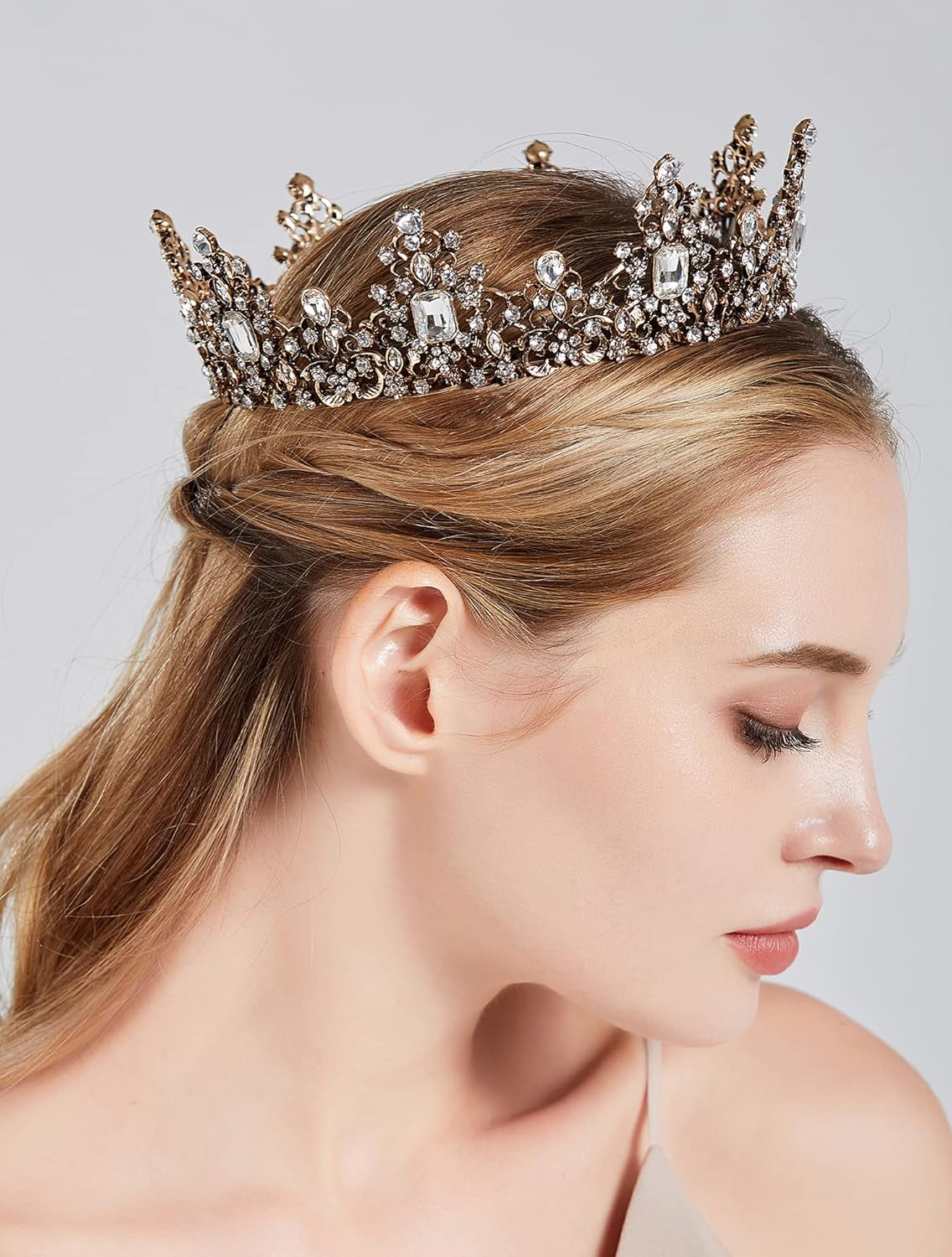Jeweled Baroque Queen Crown for Women, Rhinestone Tiaras and Crowns Bronze Crystal Princess Birthday Tiara Headband Prom Hair Accessories