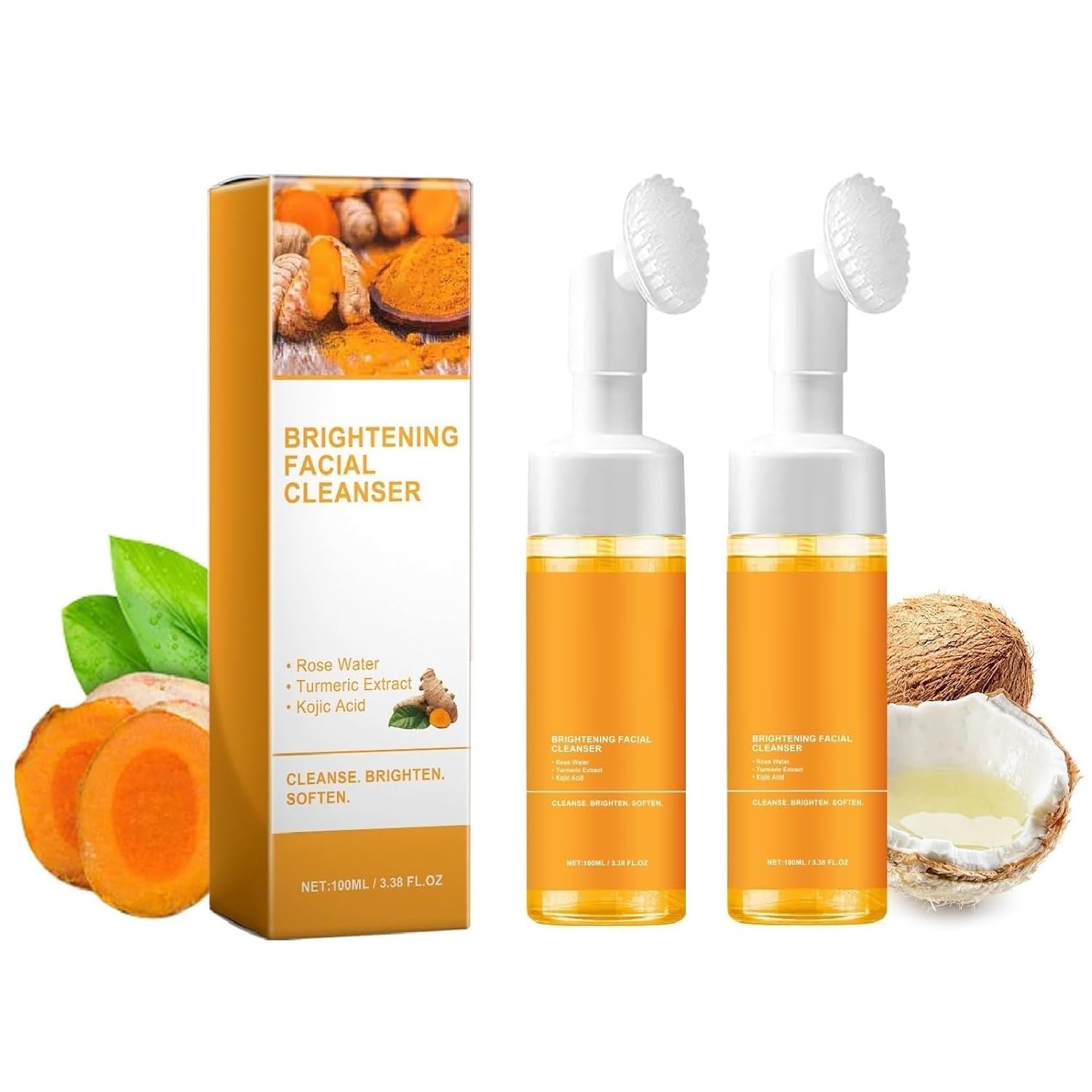 2 Pcs Glow Wash Turmeric Face Wash with Brush, Deep Cleaning Face Scrub Exfoliating Turmeric Facial Foam Cleanser.