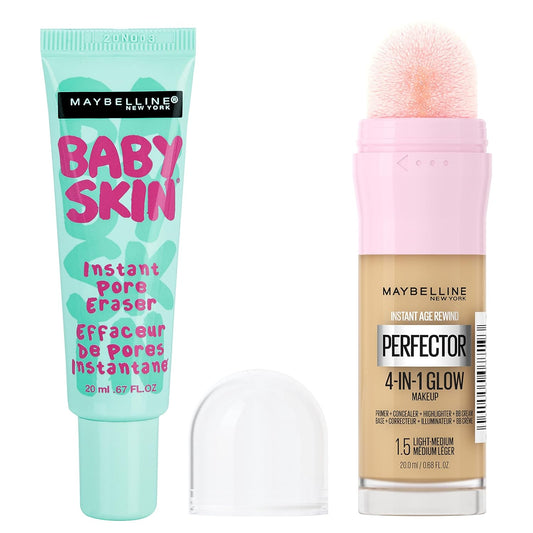 Baby Skin Primer + Instant Age Rewind Glow Foundation Makeup Bundle, Includes 1 Primer and 1 Light/Medium Makeup Base