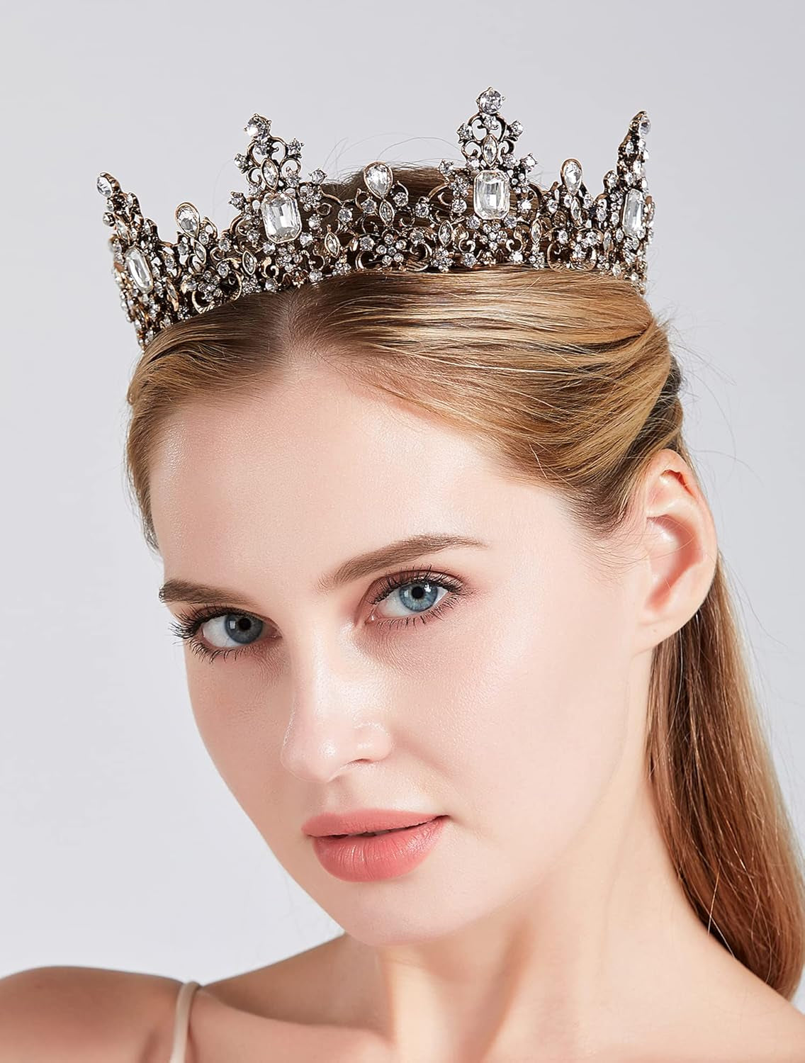 Jeweled Baroque Queen Crown for Women, Rhinestone Tiaras and Crowns Bronze Crystal Princess Birthday Tiara Headband Prom Hair Accessories